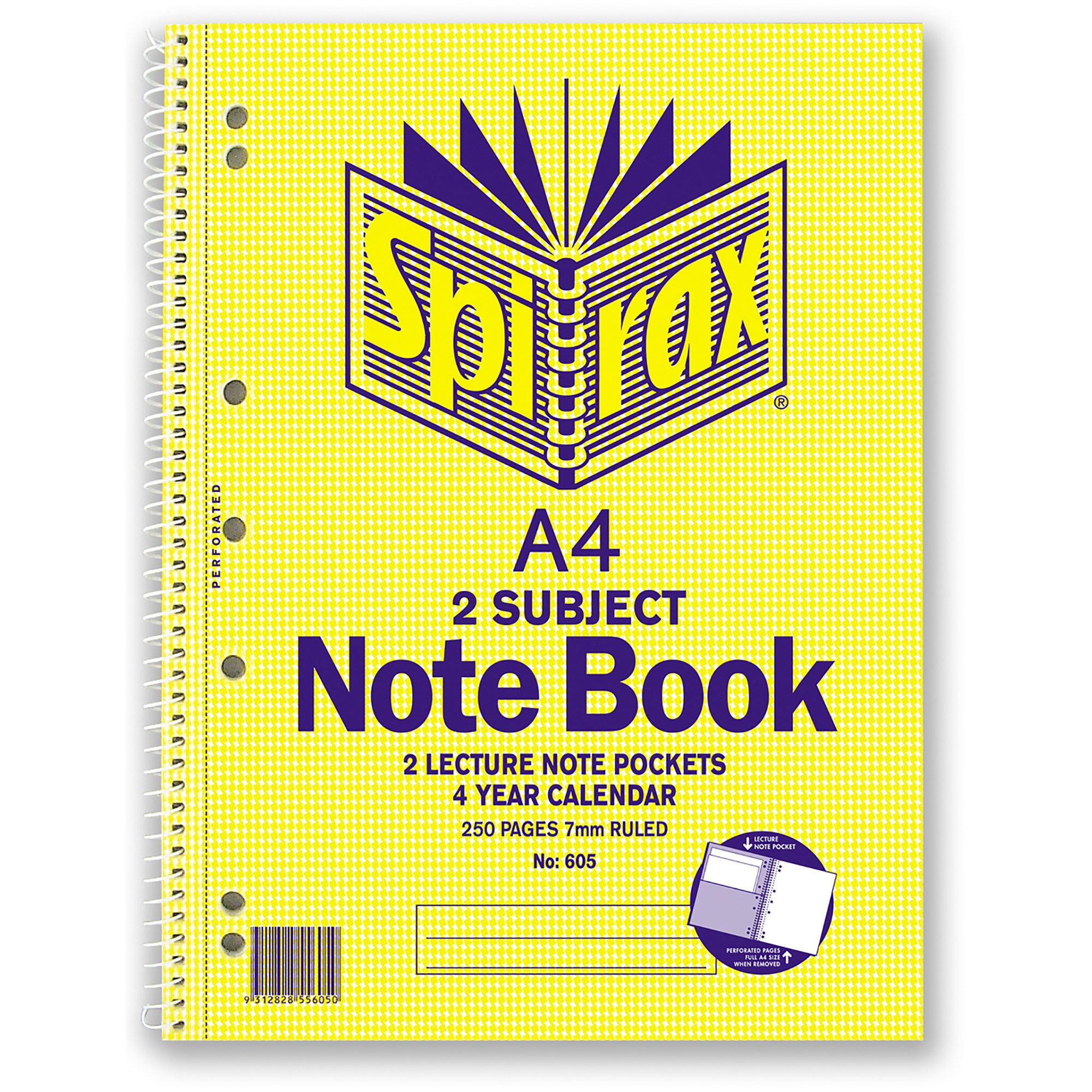 Spirax 605 2 Subject Notebook Perforated/Note Pockets A4 Ruled 250 Page Side Opening