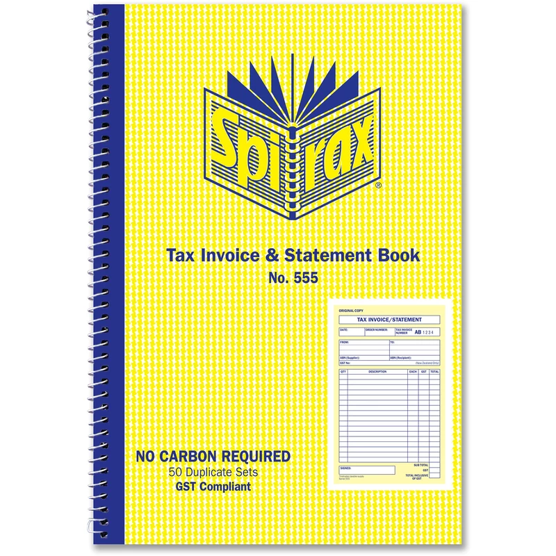 Spirax 555 Tax Invoice & Statement Book Carbonless 50 Duplicate Sets Side Opening