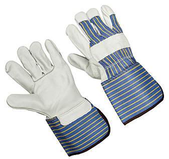 Premium grain leather palm, stripe fabric back, 2.5" rubberized cuff