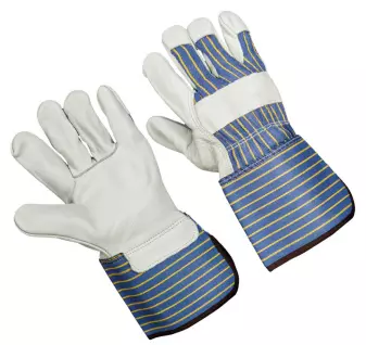Premium grain leather palm, stripe fabric back, 2.5" rubberized cuff