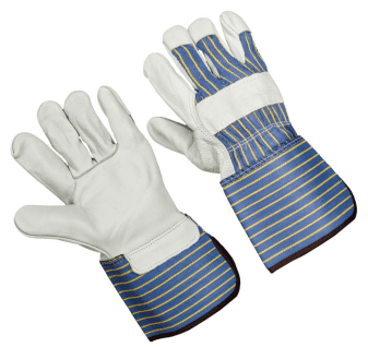 Premium grain leather palm, stripe fabric back, 2.5" rubberized cuff