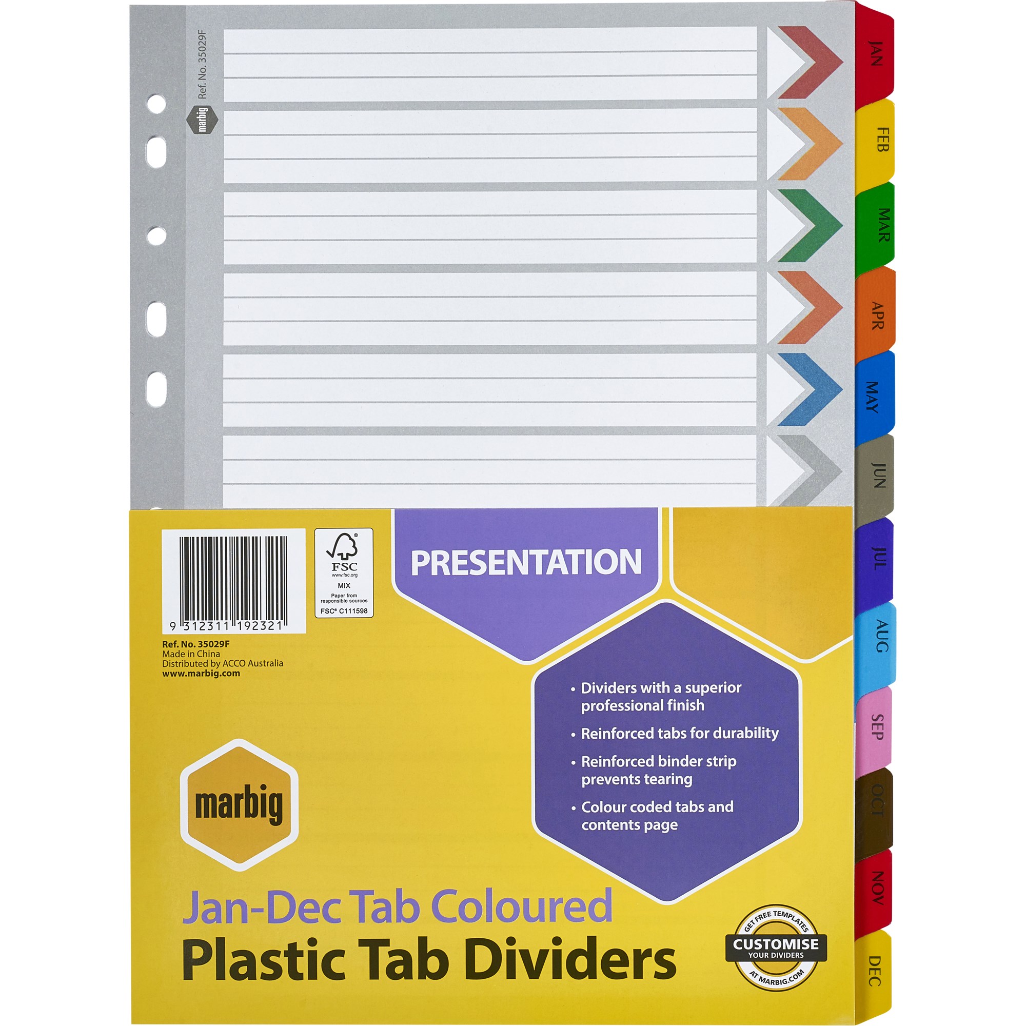 Marbig Plastic Indices & Dividers A4 Reinforced Jan-Dec Tab Multi Colour