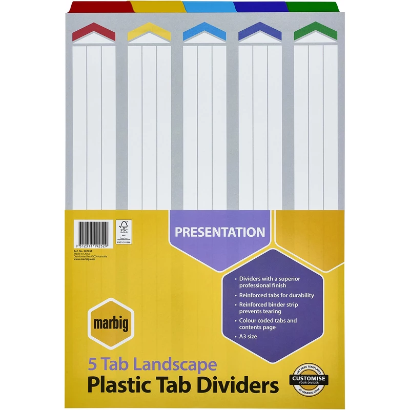 Marbig Plastic Indices & Dividers A3 Reinforced 5 Tab Landscape Multi Colour