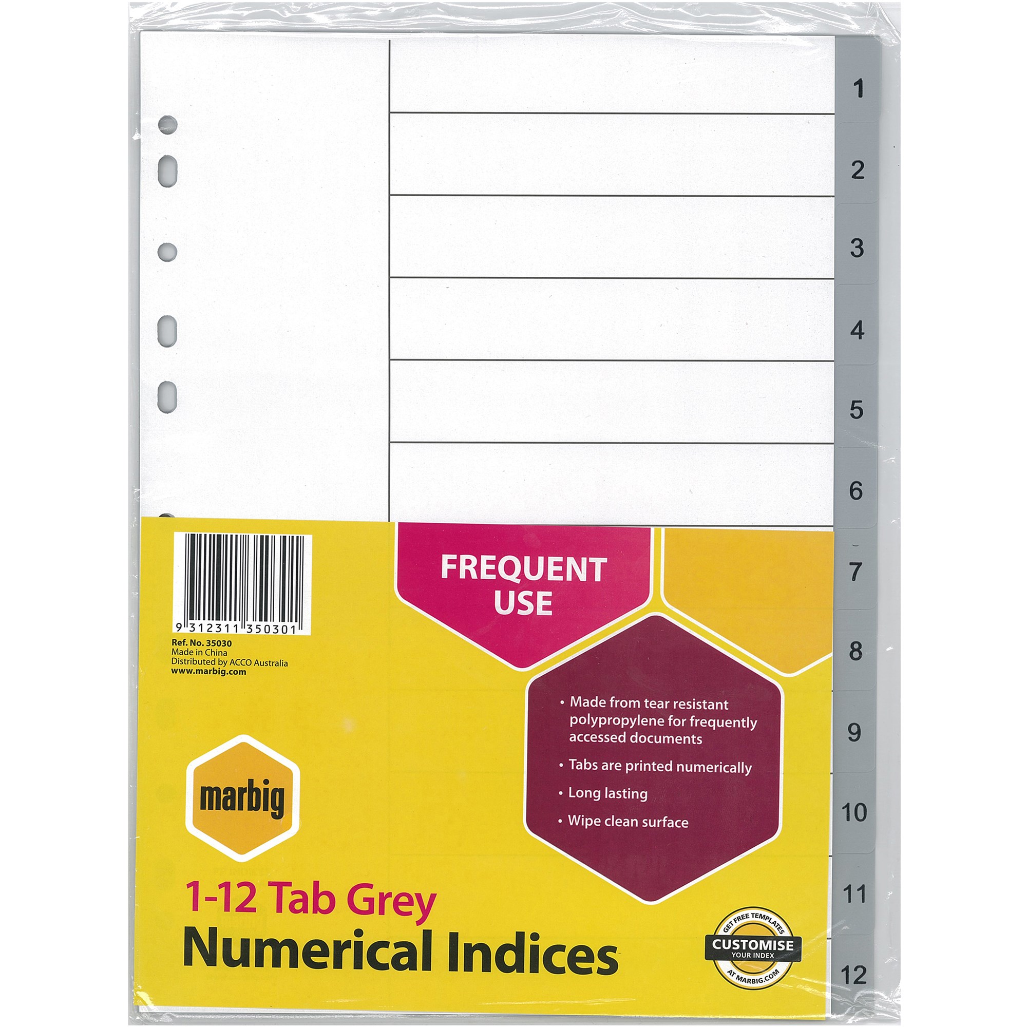 Marbig Plastic Indices & Dividers Tabs A4 1-12 Grey