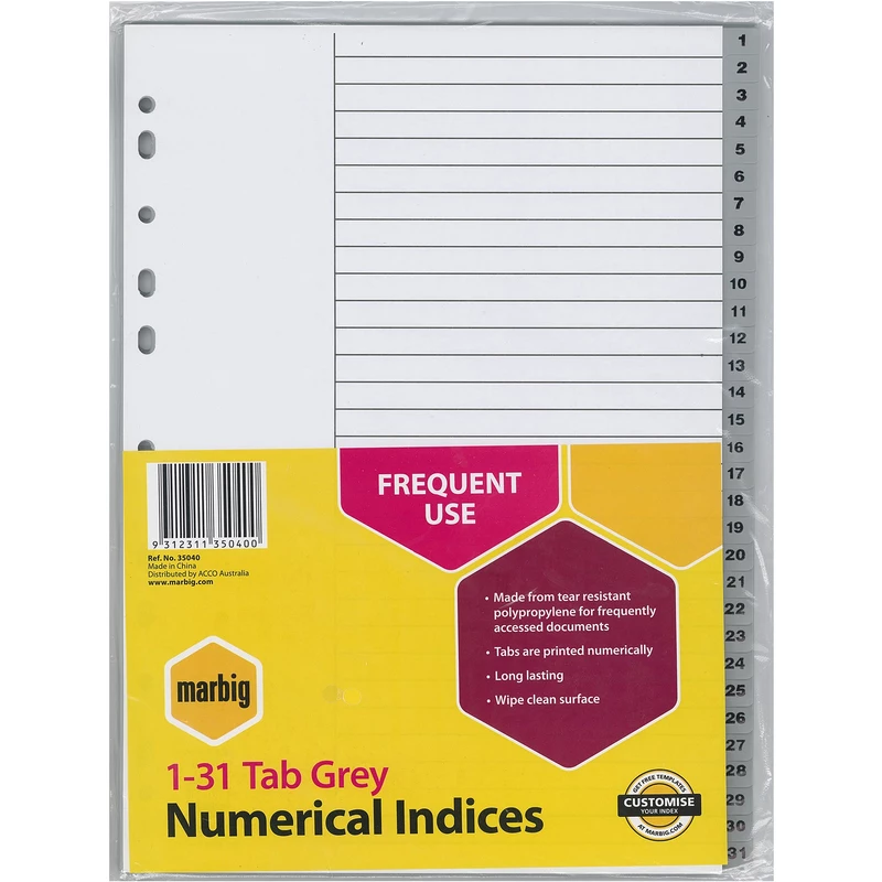 Marbig Plastic Indices & Dividers A4 1-31 Tab Grey