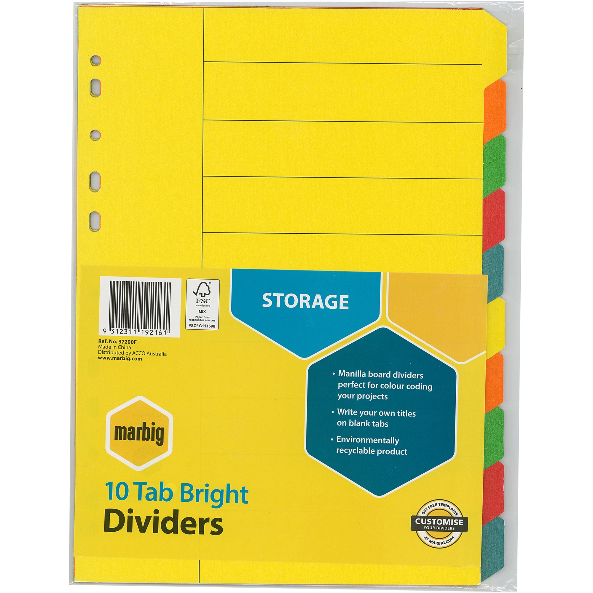 Marbig Manilla Indices & Dividers A4 10 Tab Bright Colours