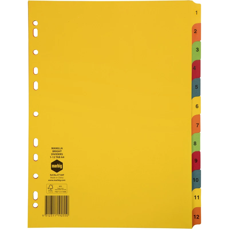 Marbig Manilla Indices & Dividers A4 1-12 Tab Bright Colours