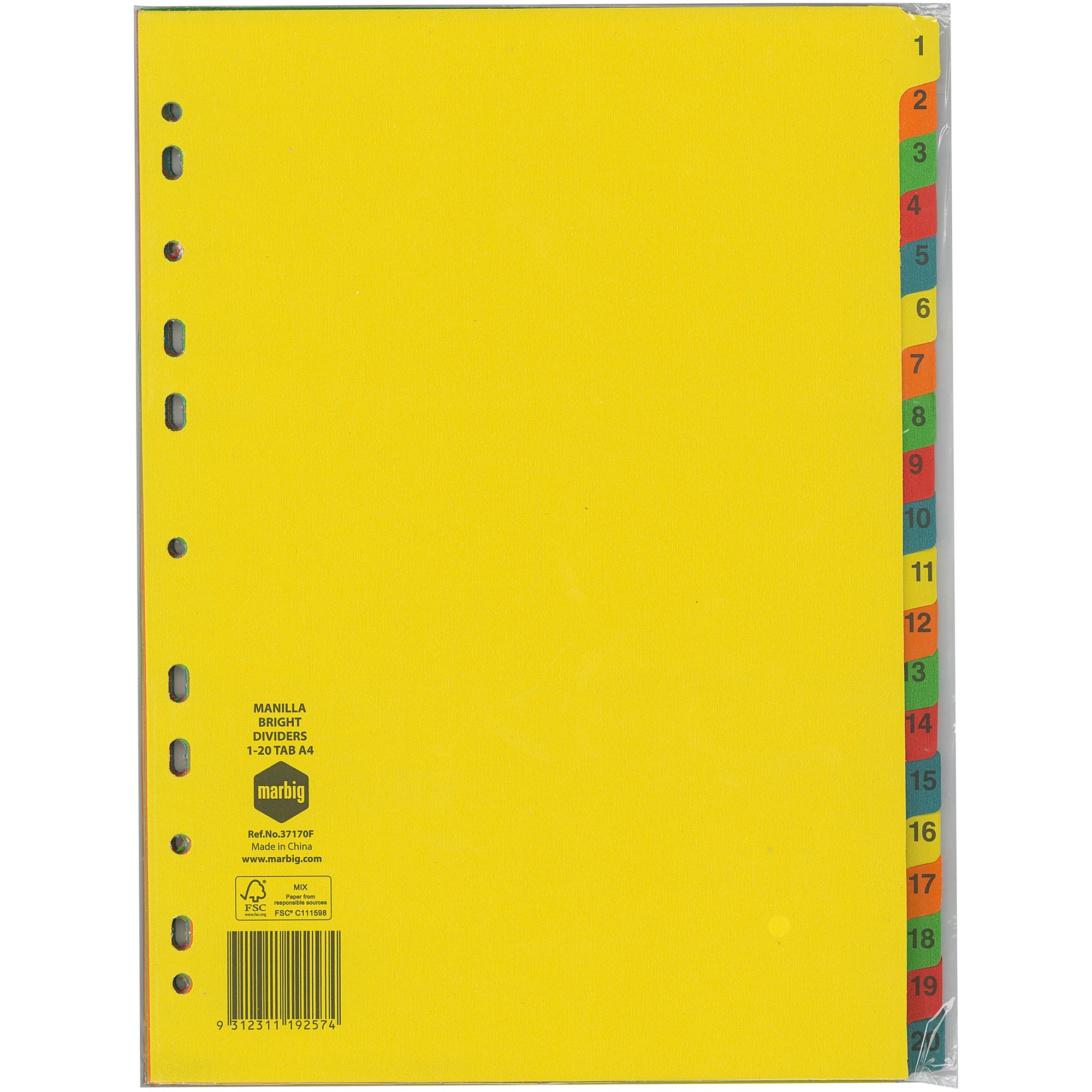 Marbig Manilla Indices & Dividers A4 1-20 Tab Bright Colours