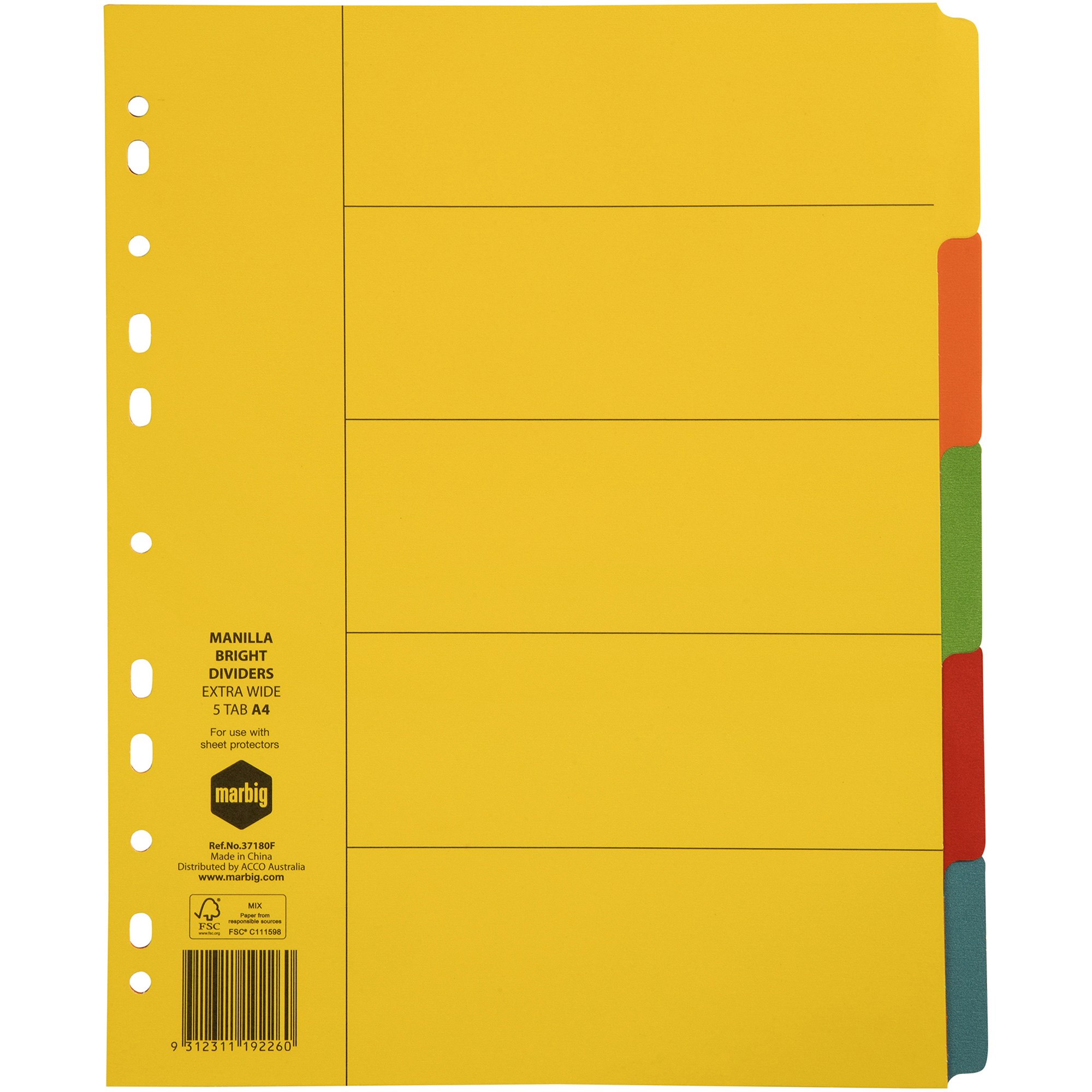 Marbig Manilla Indices & Dividers A4 Extra Wide 5 Tab Bright Colours