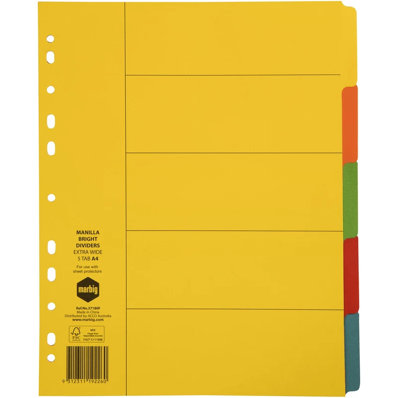 Marbig Manilla Indices & Dividers A4 Extra Wide 5 Tab Bright Colours