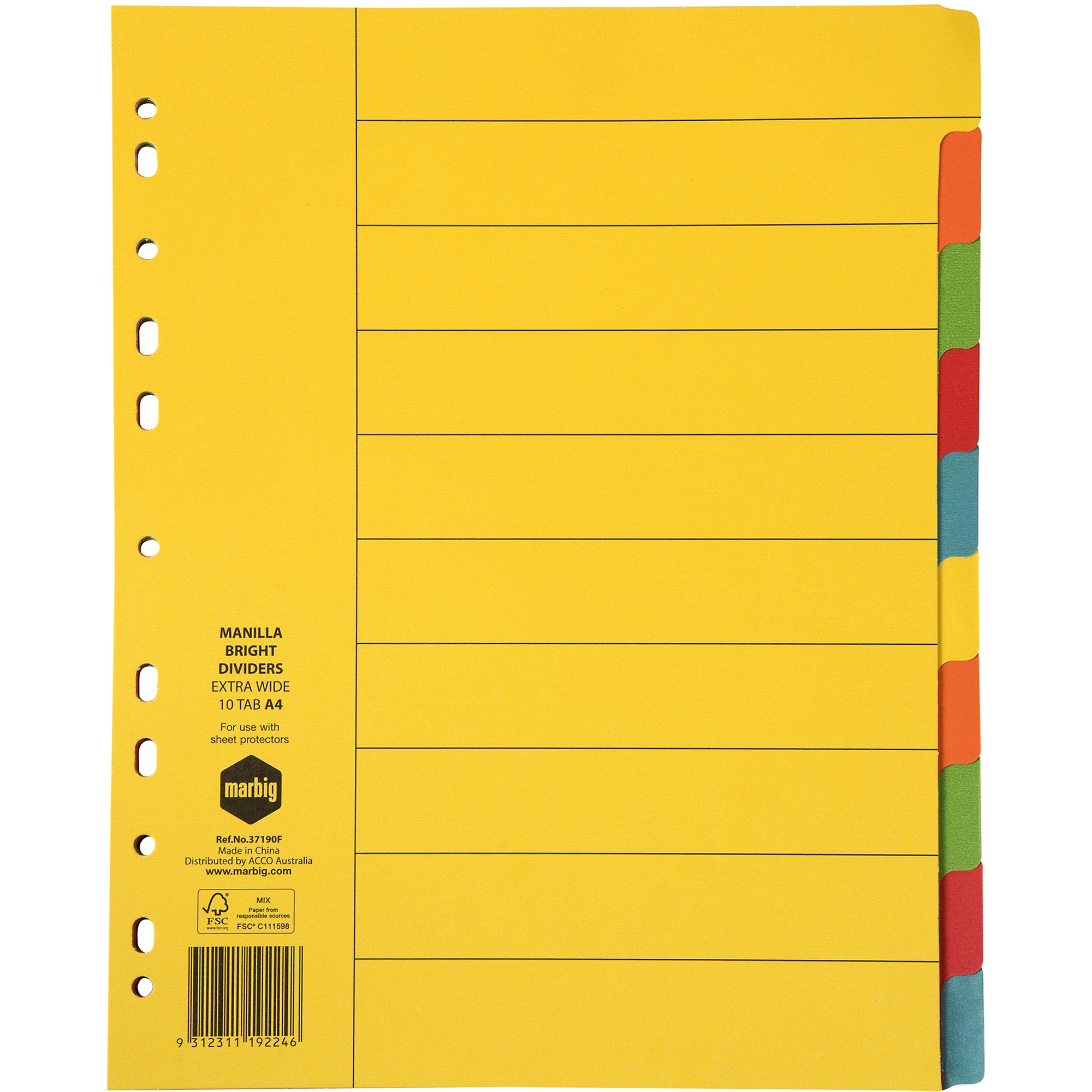 Marbig Manilla Indices & Dividers A4 Extra Wide 10 Tab Bright Colours