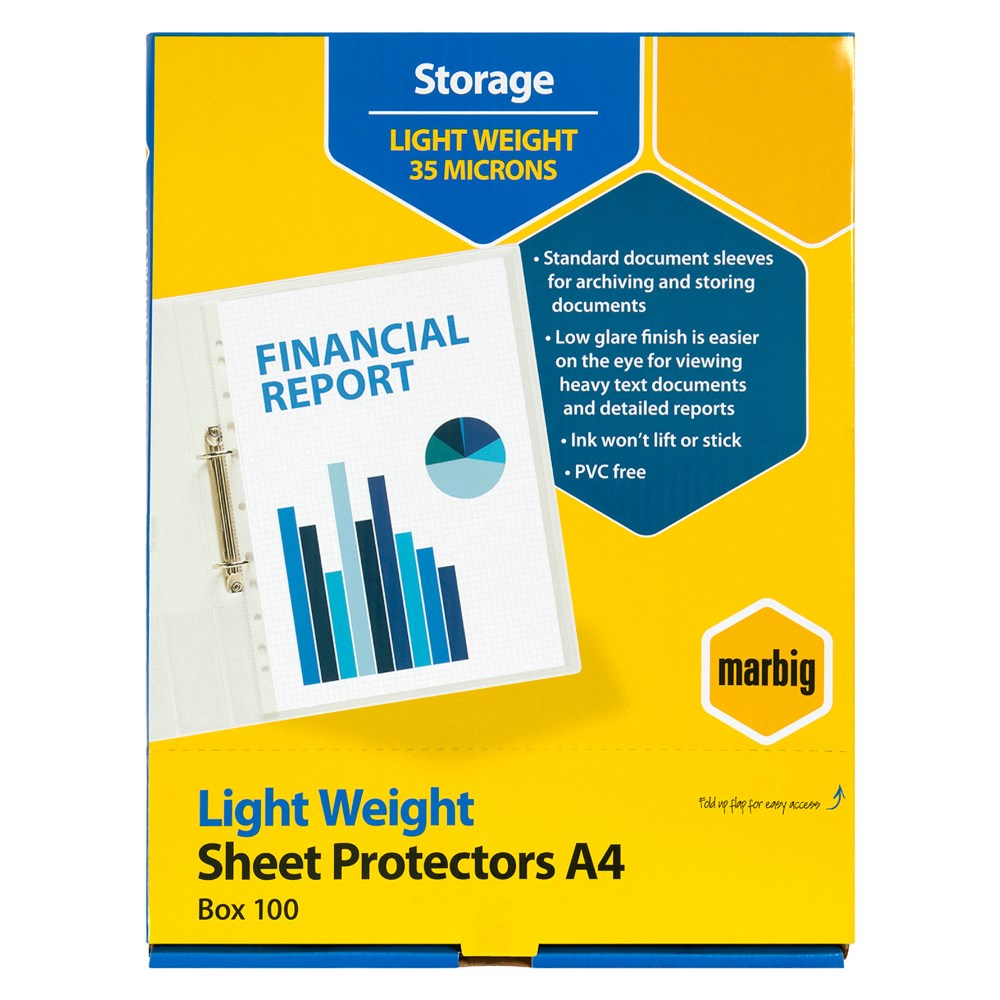 Marbig Sheet Protectors A4 Leight Weight 35 Micron Box  Of 100