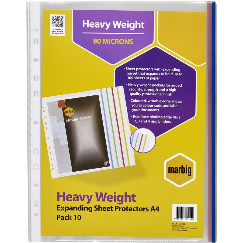 Marbig Sheet Protectors A4 Expanding Coloured Edge Heavy Weight Pack Of 10