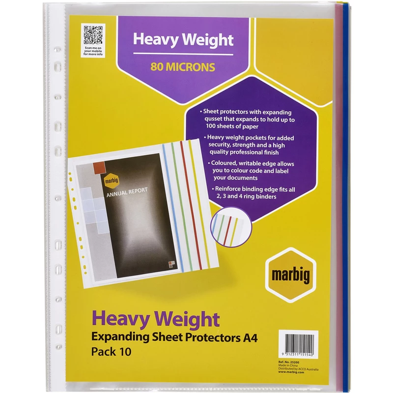 Marbig Sheet Protectors A4 Expanding Coloured Edge Heavy Weight Pack Of 10