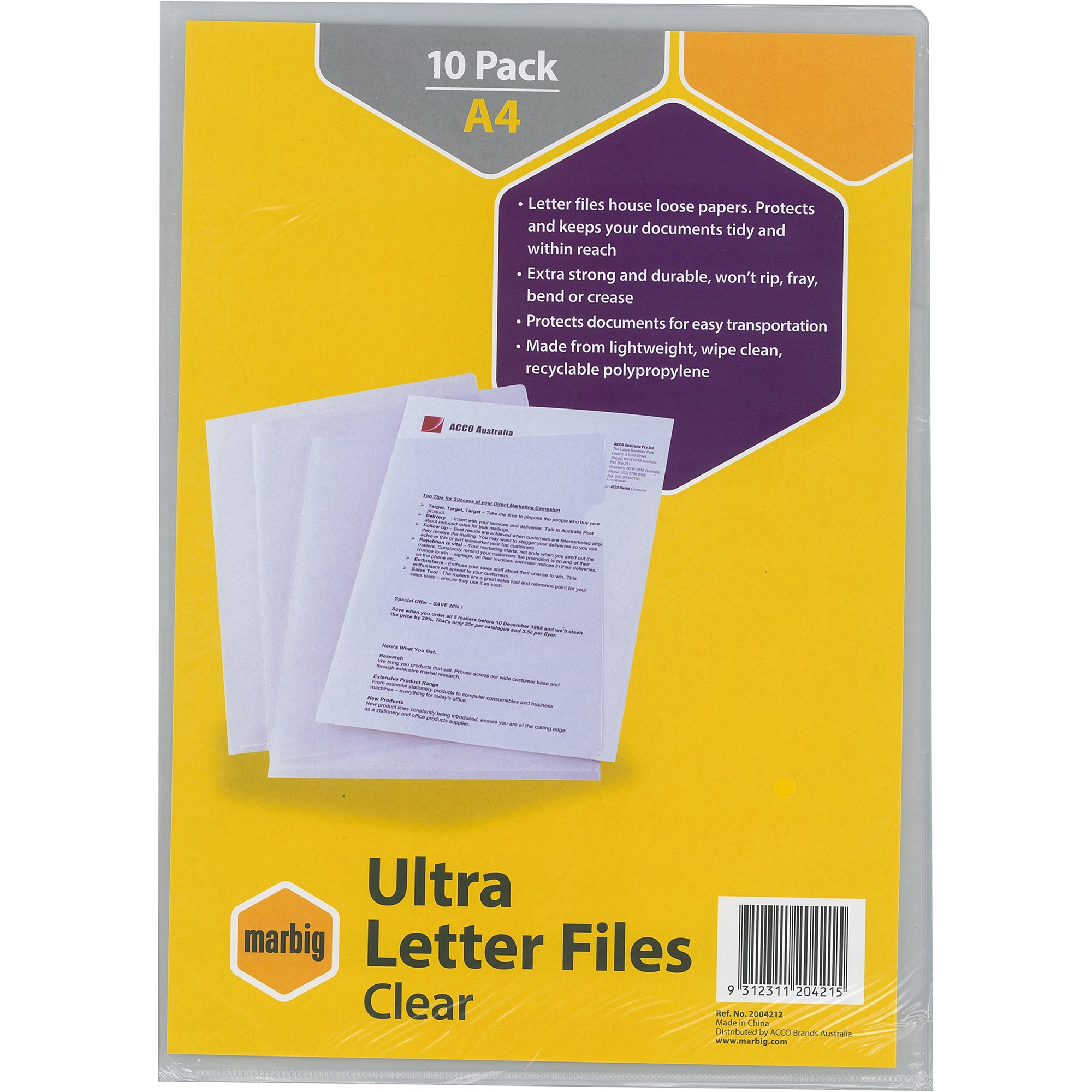 Marbig Ultra Letter Files A4 Polypropylene Clear Pack  Of 10