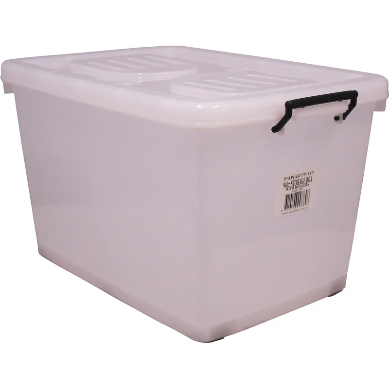 Italplast 90 Litre Plastic Storage Box With Lid And Rollers Clear