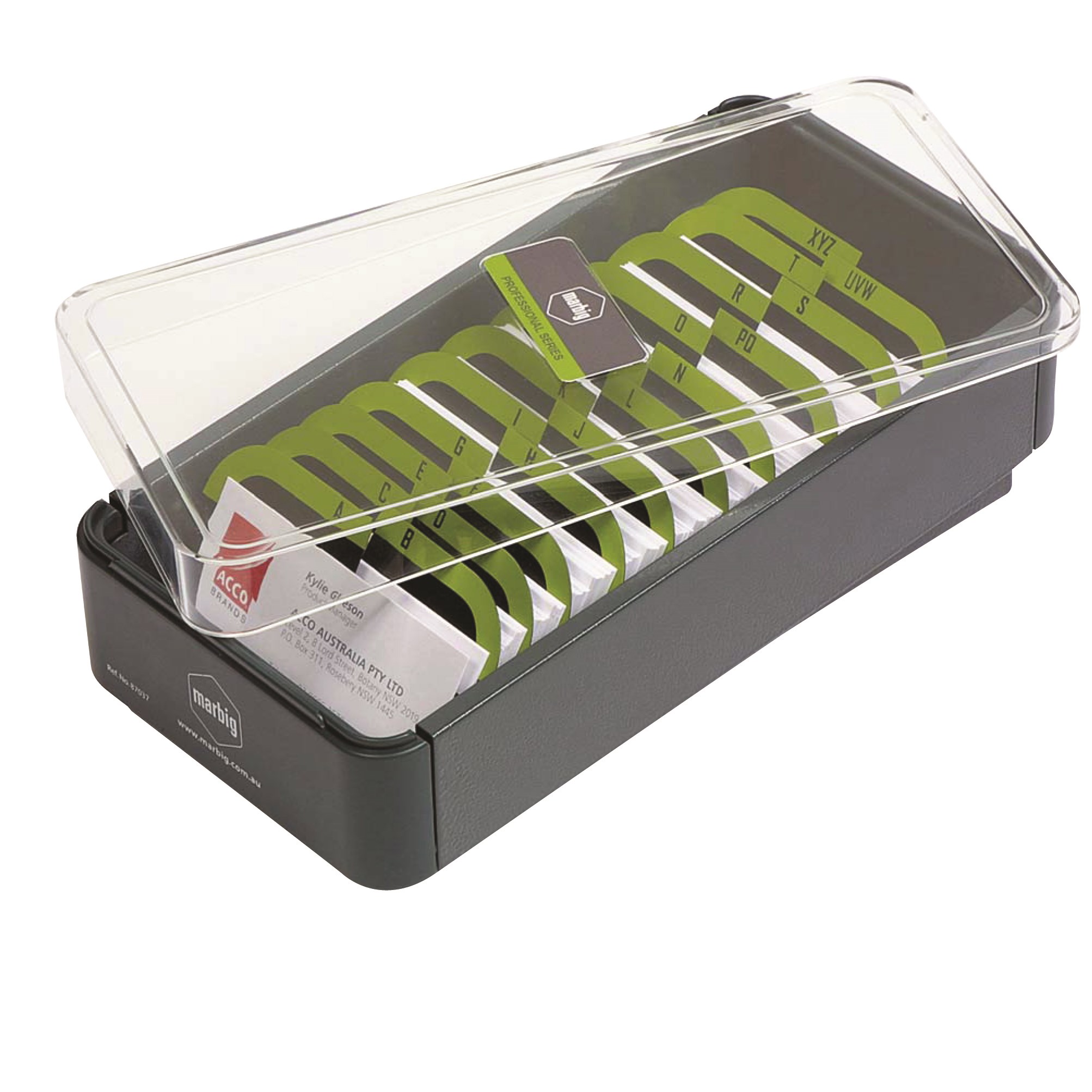 Marbig Professional Series Business Card Filing Box  400 Capacity Grey And Lime