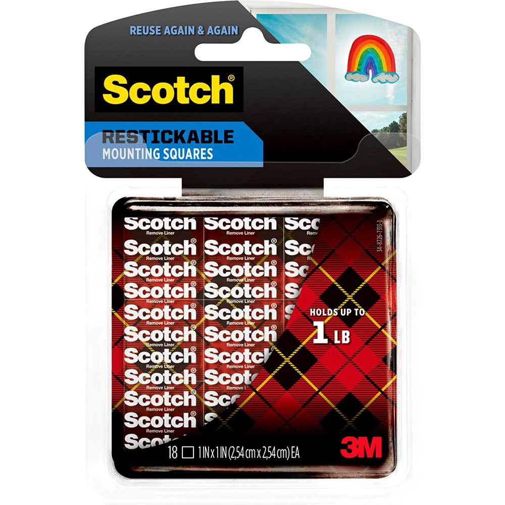 Scotch R100 Mounting Tape 2.5cmx2.5cm Restickable Squares Tabs Clear Pack  of 18