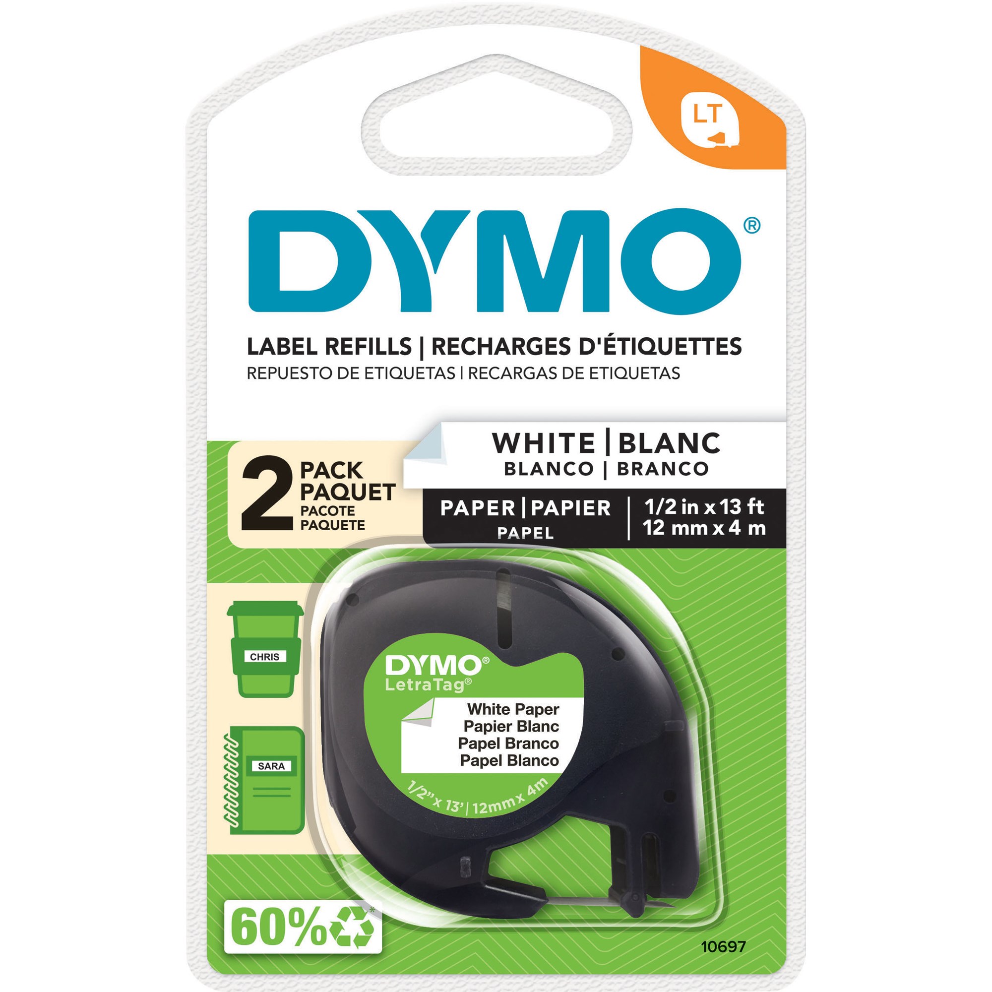 Dymo LetraTag Paper Labels 12mm x 4m Pack of 2 Black On White