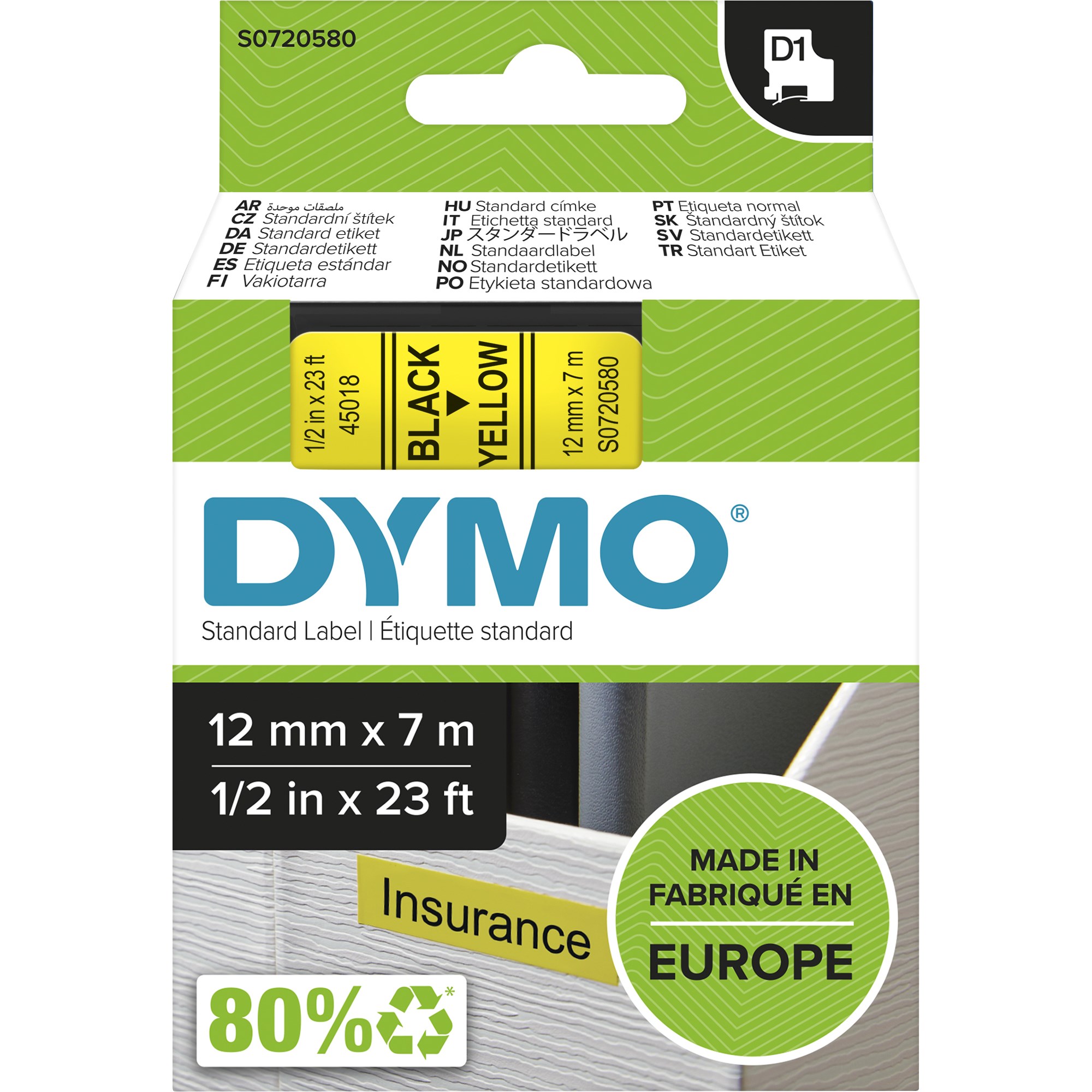 Dymo D1 Label Cassette Tape 12mmx7m Black on Yellow