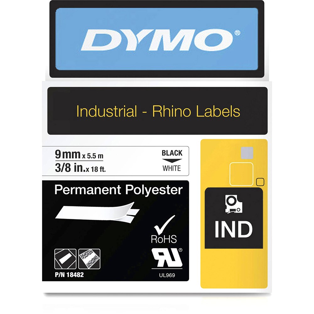 Dymo 18482 Rhino Industrial Labels 9mmx5.5m Polyester Black on White