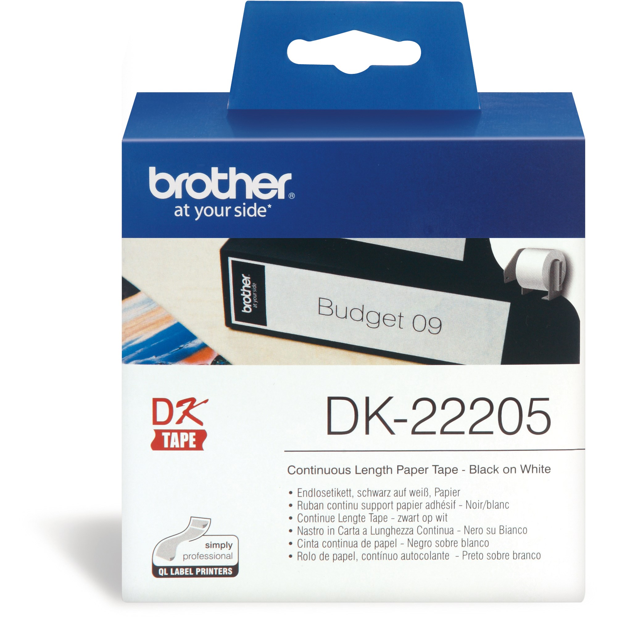 Brother DK-22205 Label Rolls 62mmx30.48m Black on White Adhesive Paper