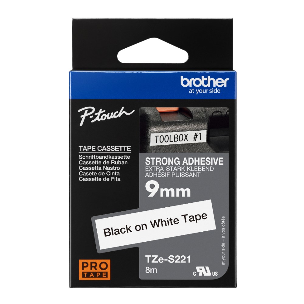 Brother TZE-S221 P-Touch Tape 9mmx8m Black on White Strong Adhesive