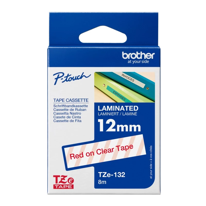 Brother TZE-132 P-Touch Tape 12mmx8m Red on Clear