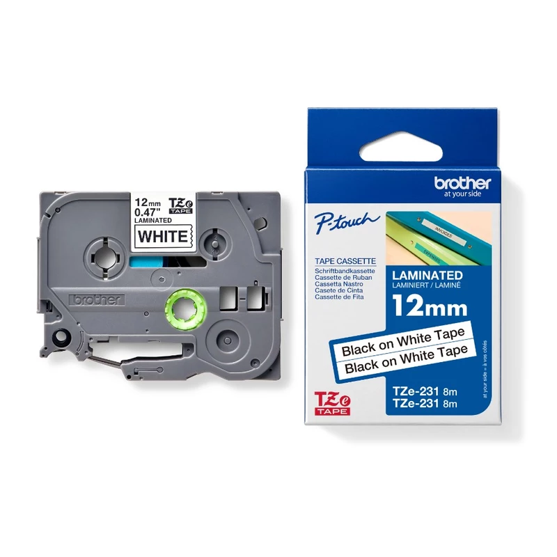 Brother TZE-231V2 P-Touch Laminated Tape 12mm x 8m Black On White Pack Of 2