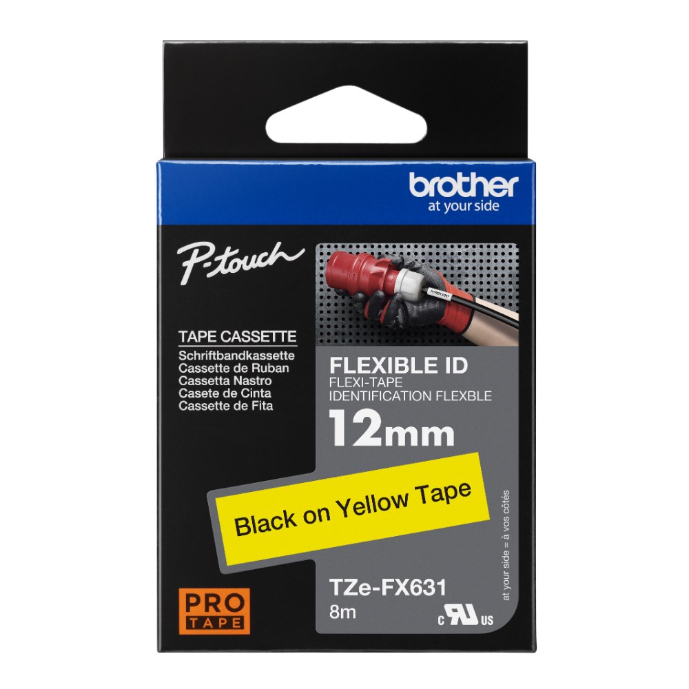 Brother TZE-FX631 P-Touch Tape 12mmx8m Black on Yellow Flexible ID Labelling