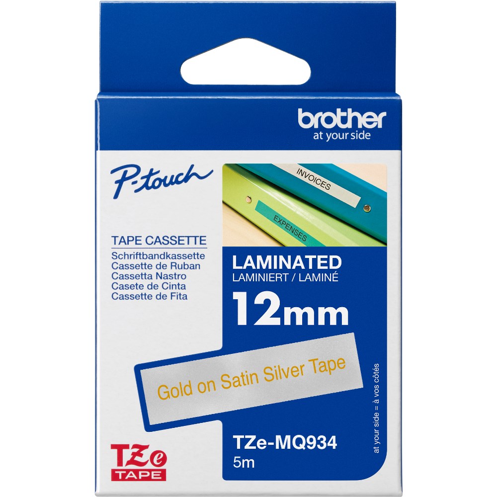 Brother TZE-MQ934 P-Touch Tape 12mmx5m Gold on Satin Silver