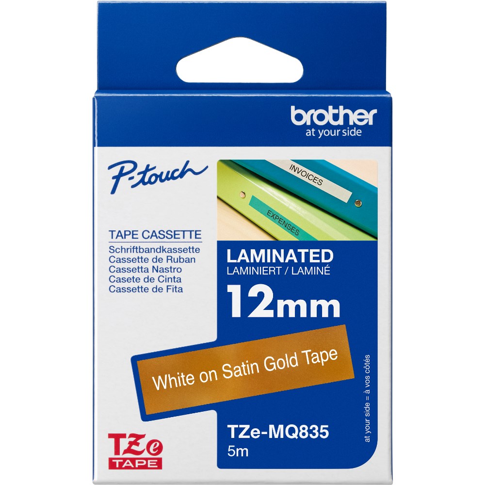 Brother TZE-MQ835 P-Touch Tape 12mmx5m White on Satin Gold