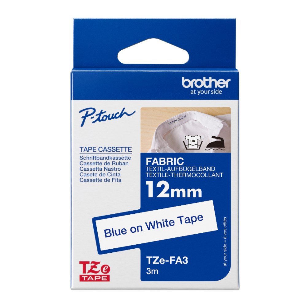 Brother TZE-FA3 P-Touch Tape 12mmx3m Iron On Fabric Blue on White