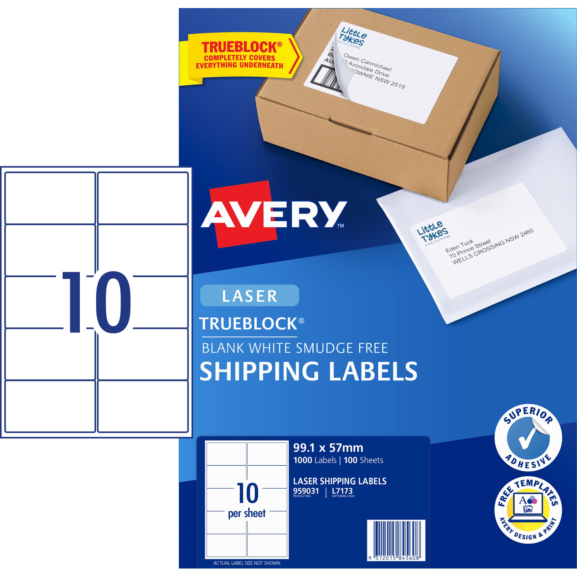 Avery Shipping Laser & Inkjet White L7173 99.1x57mm 10UP 1000 Labels 100 Sheets