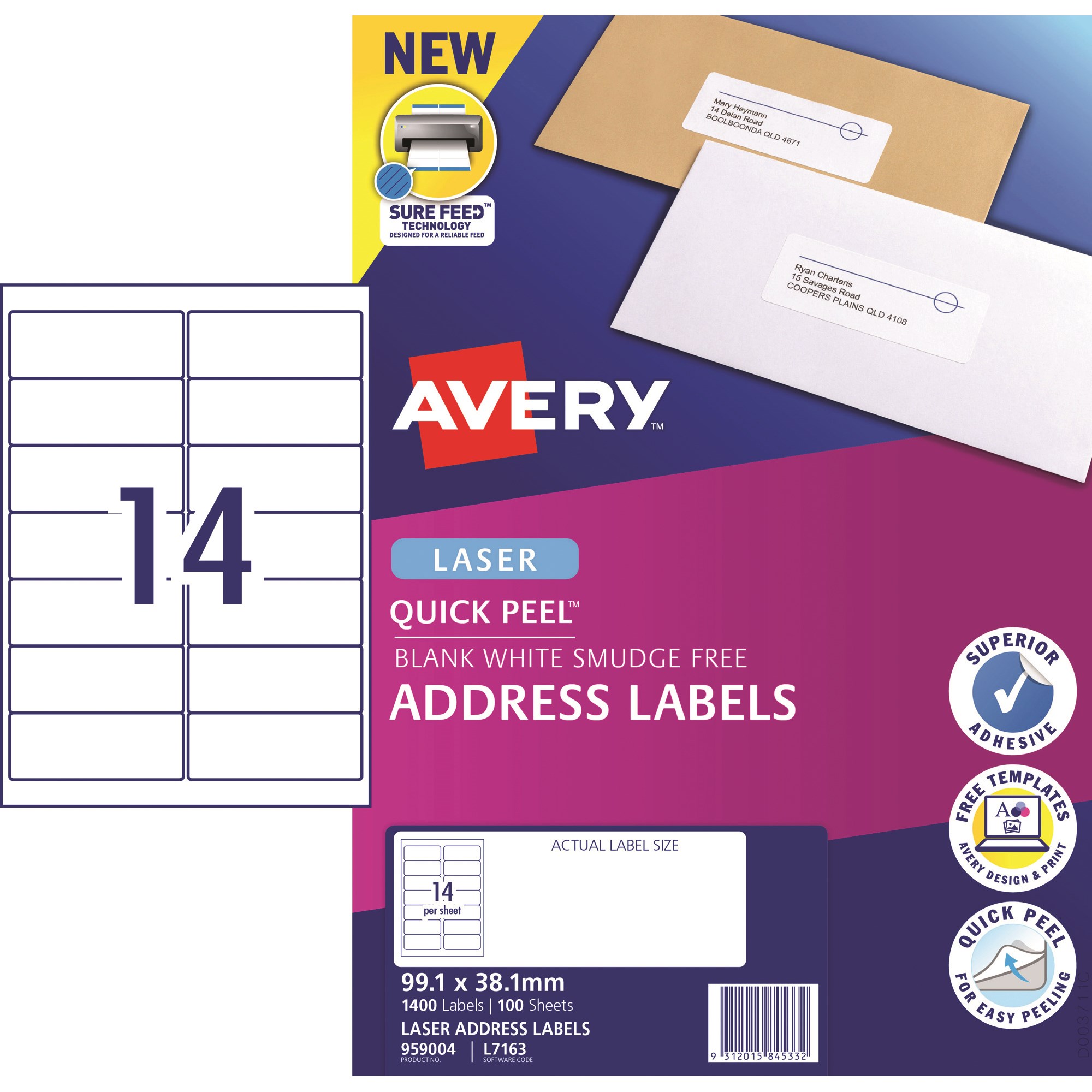 Avery Quick Peel Address Laser White L7163 99.1x38.1mm 14UP 1400 Labels 100 Sheets