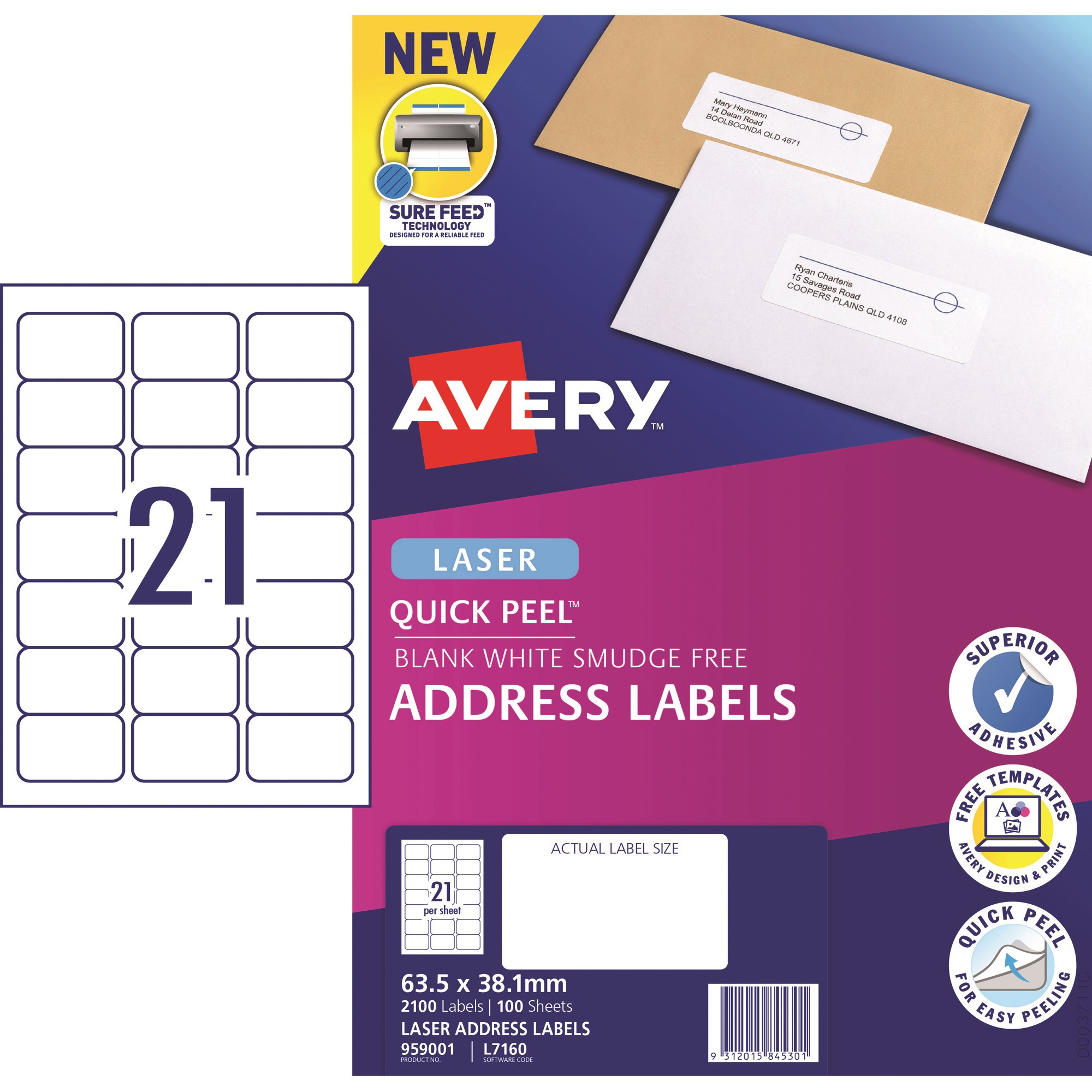 Avery Quick Peel Address Laser White L7160 63.5x38.1mm 21UP 2100 Labels 100 Sheets