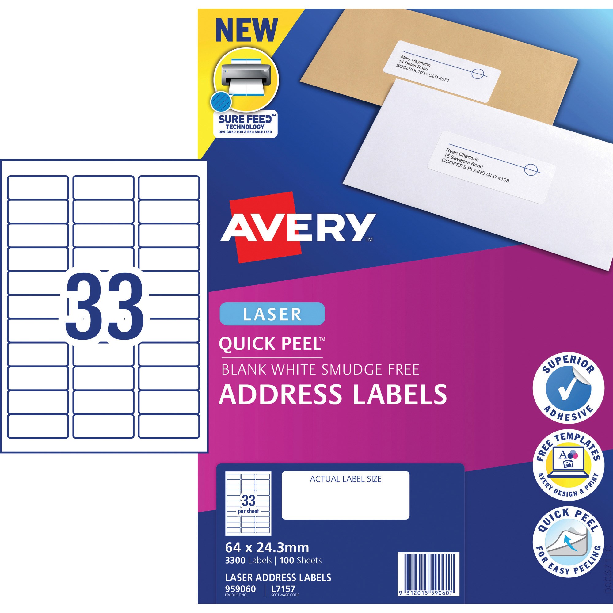 Avery Quick Peel Address Laser White L7157 64x24.3mm 33UP 3300 Labels 100 Sheets