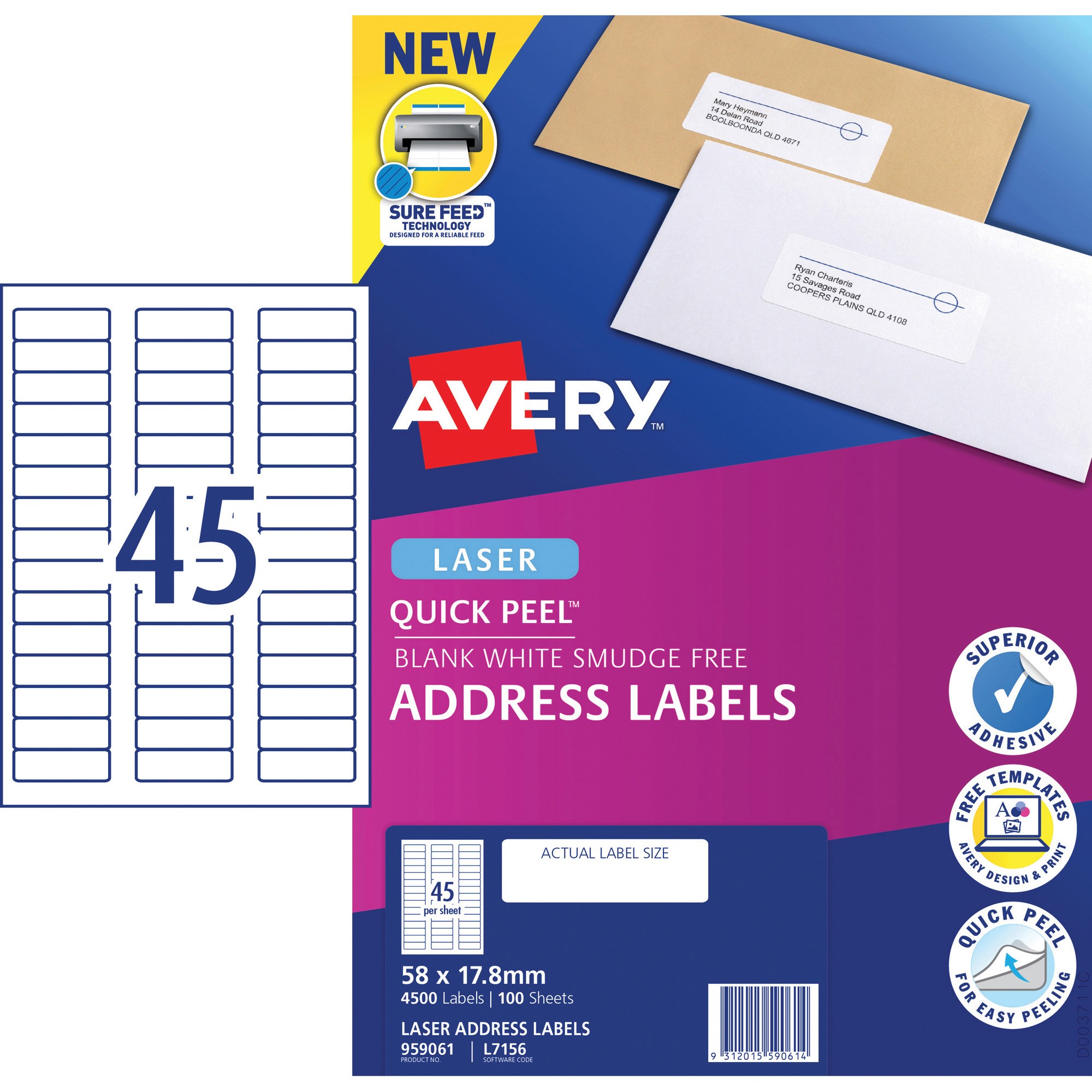 Avery Quick Peel Address Laser White L7156 58x17.8mm 45UP 4500 Labels 100 Sheets