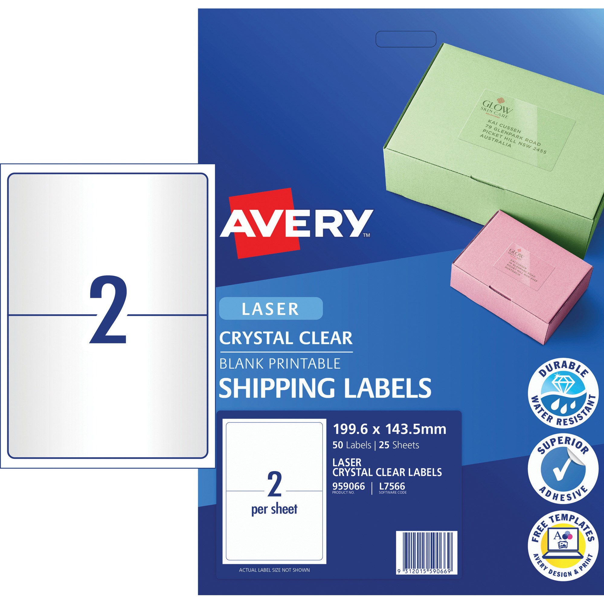 Avery Crystal Clear Laser Shipping Labels White L7566 199.6x143.5mm 2UP 50 Labels