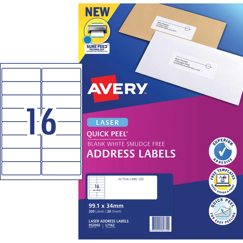 Avery Quick Peel Address Laser Labels White L7162 99.1x34mm 16UP 320 Labels 20 Sheets