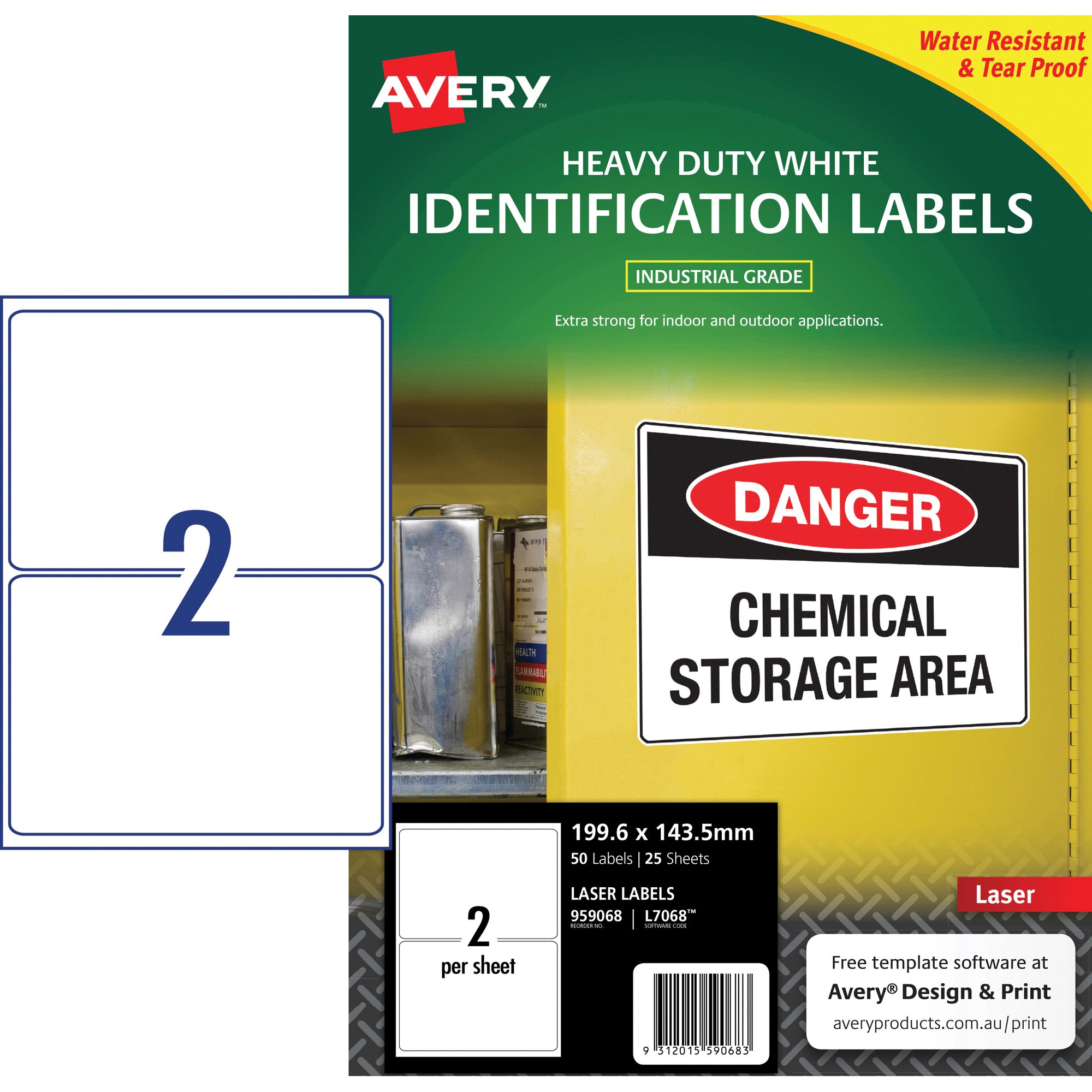 Avery Identification Laser Heavy Duty White L7068 199.6x143.5mm 2UP 50 Labels