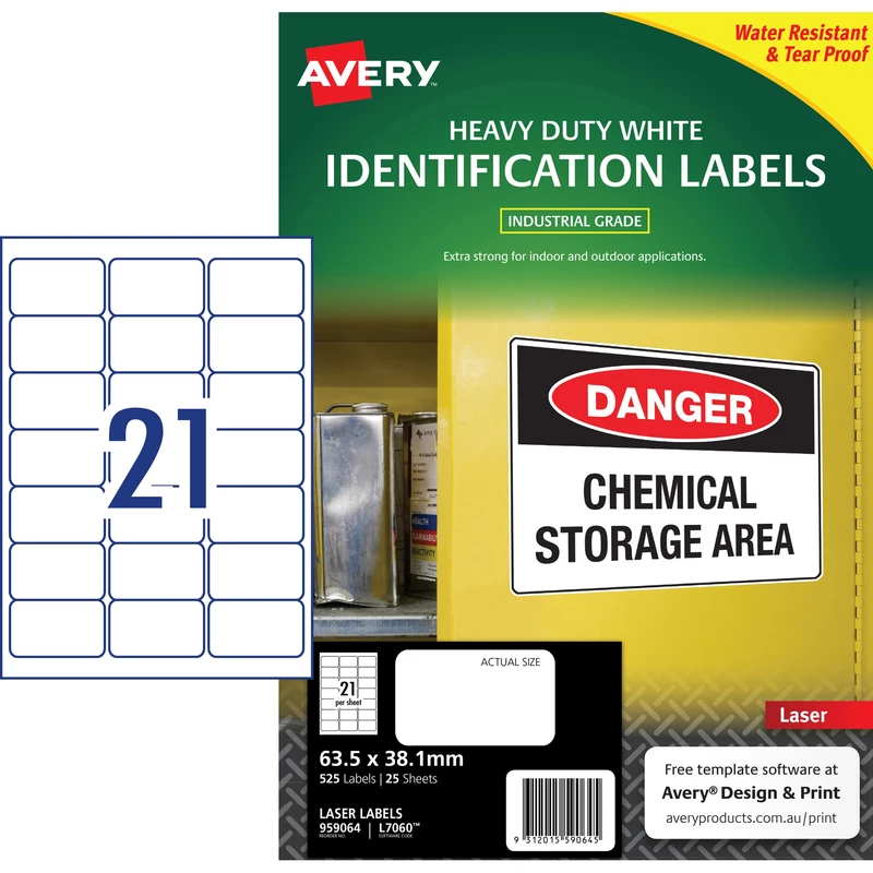 Avery Identification Laser Heavy Duty White L7060 63.5x38.1mm 21UP 25 Labels