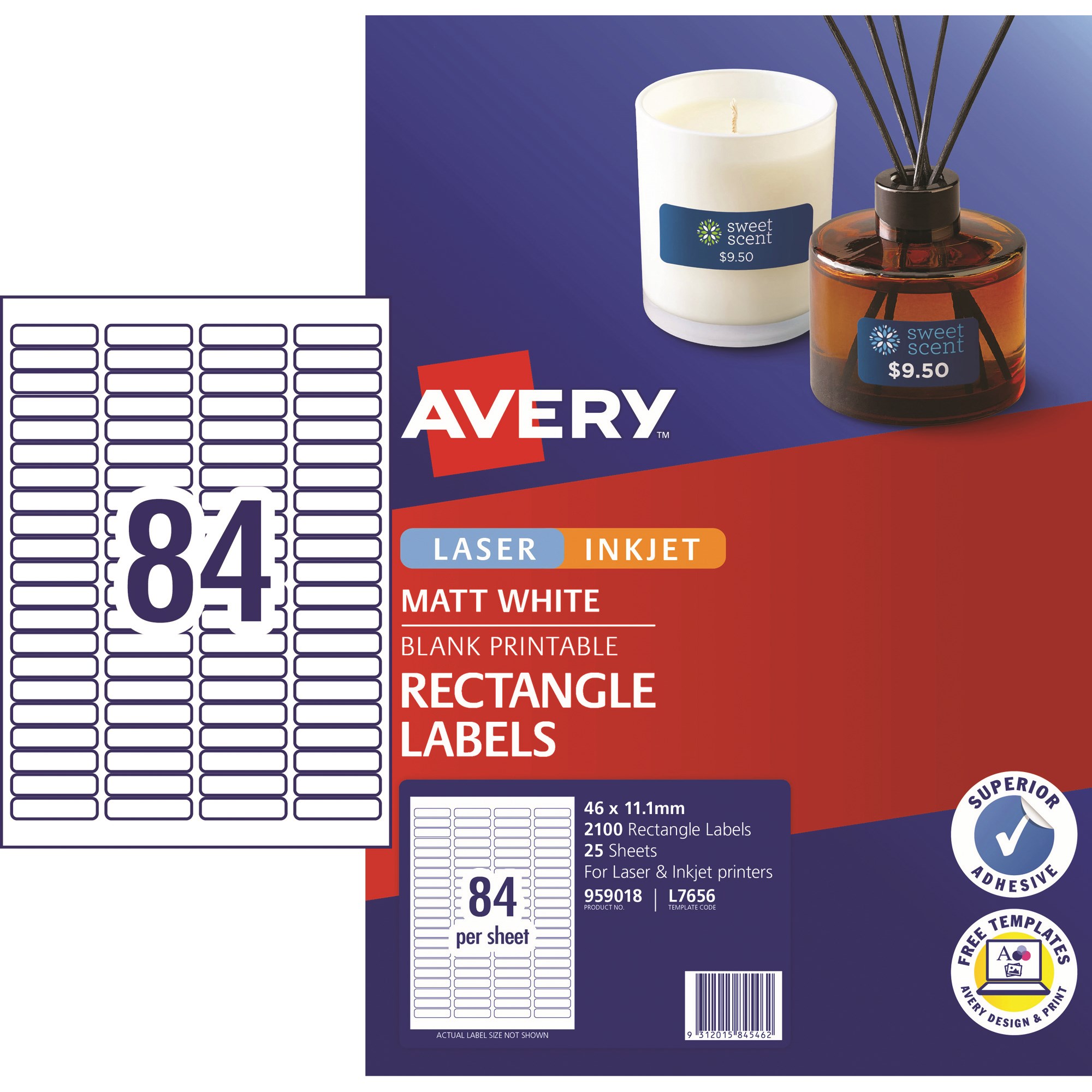 Avery Blank Printable Labels L7656 46 x 11.11mm Rectangle Matte White 84UP 2100 Labels