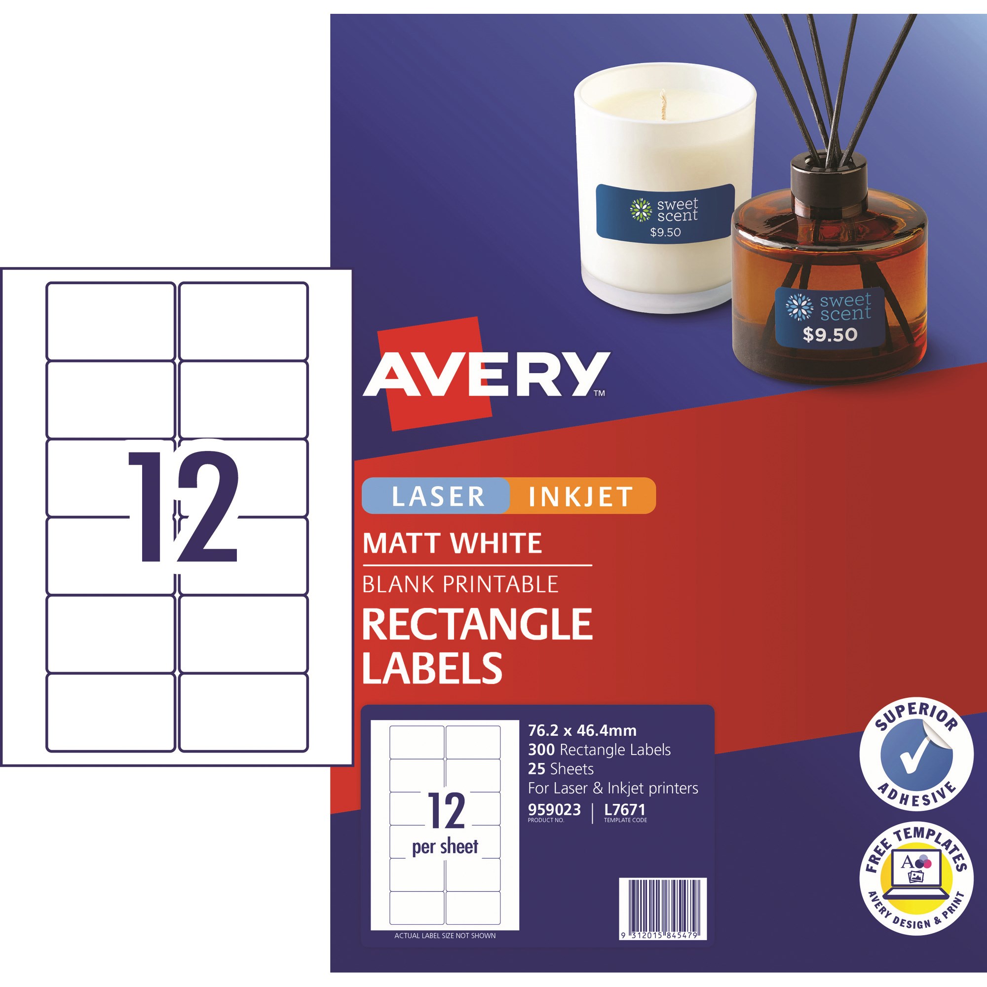 Avery Multi-Purpose Laser & Inkjet Labels White L7671 76.2x46.4 12 UP 300 Labels