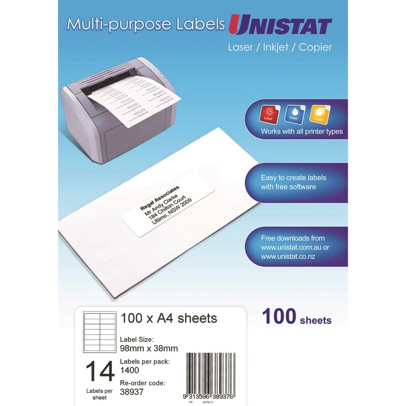 Unistat Laser Copier & Inkjet Labels 98x38mm 14UP 1400 Labels 100 Sheets