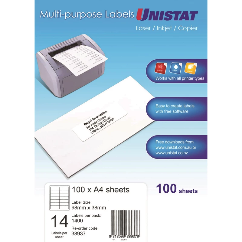 Unistat Laser Copier & Inkjet Labels 98x38mm 14UP 1400 Labels 100 Sheets