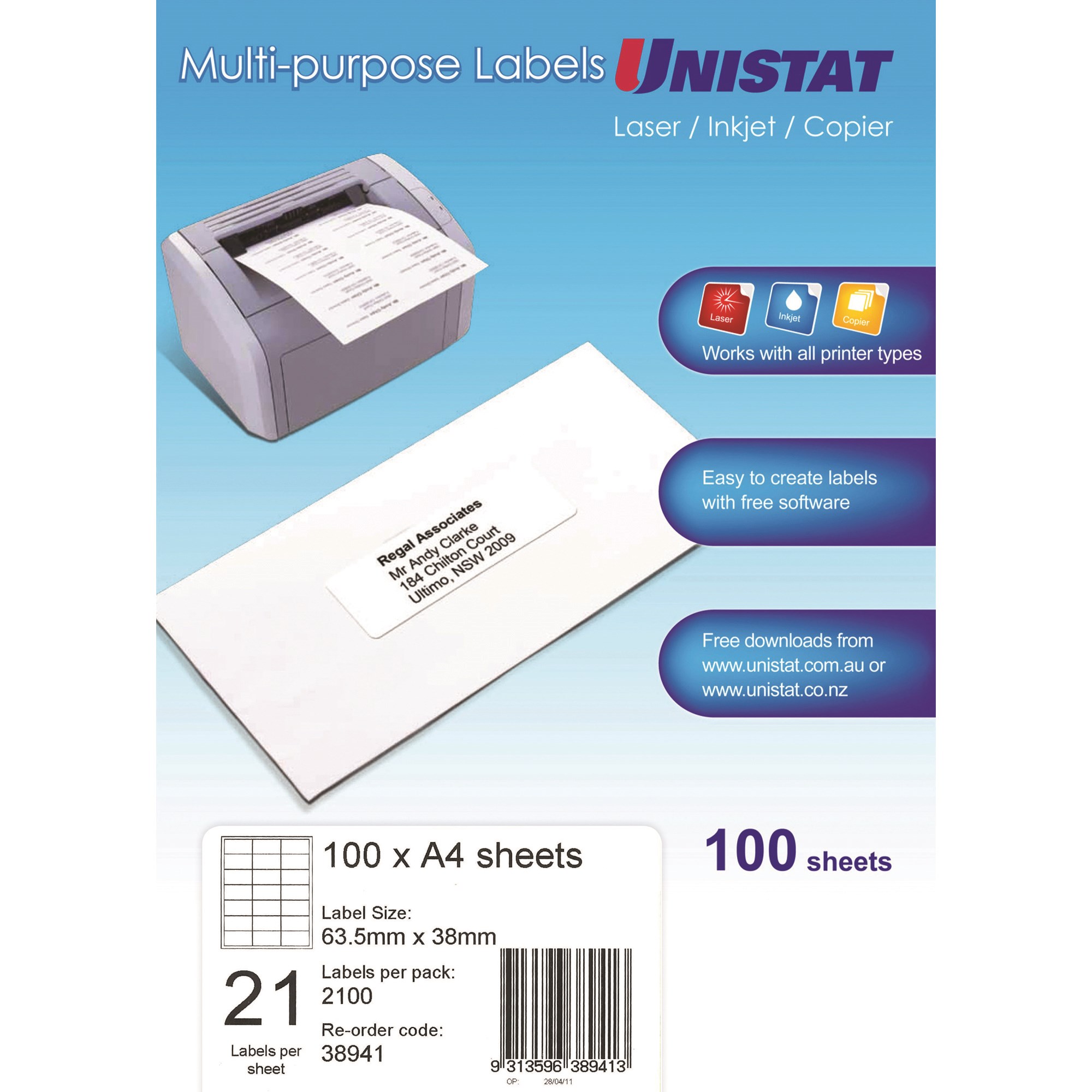 Unistat Laser Copier & Inkjet Labels 63.5x38mm 21UP 2100 Labels 100 Sheets
