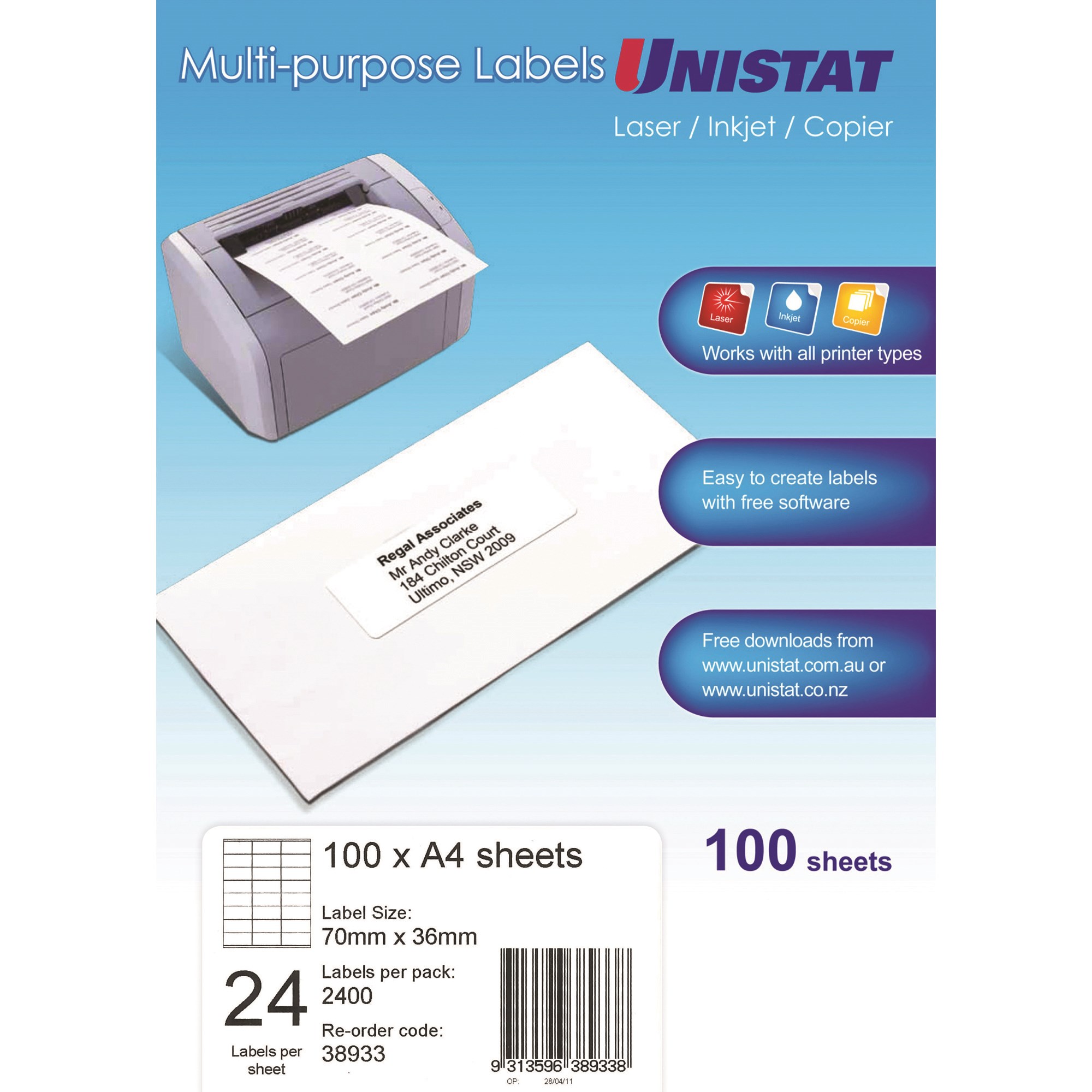 Unistat Laser Copier & Inkjet Labels 70x36mm 24UP 2400 Labels 100 Sheets