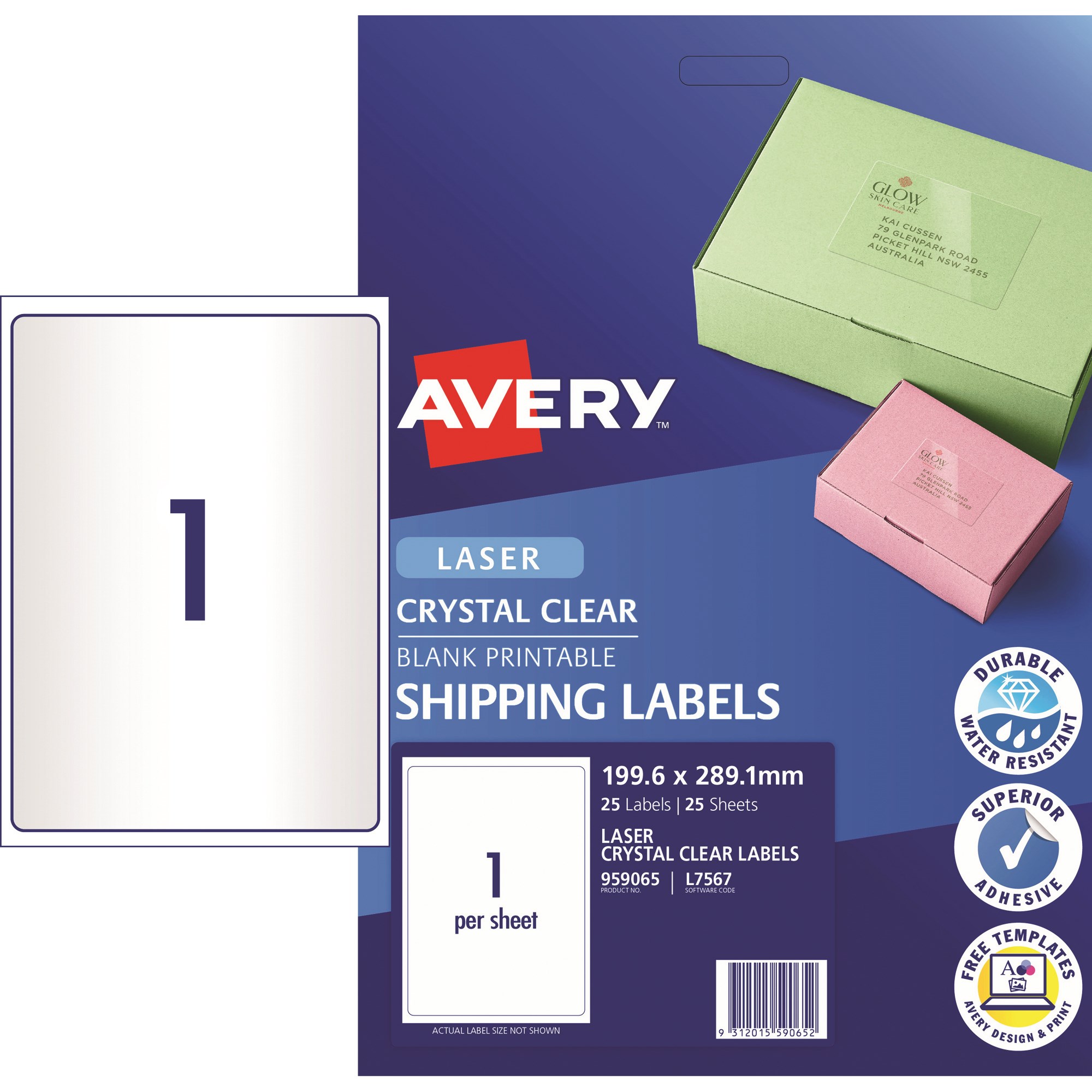 Avery Crystal Clear Laser Shipping Labels White L7567 199.6x289.1mm 1UP 25 Labels