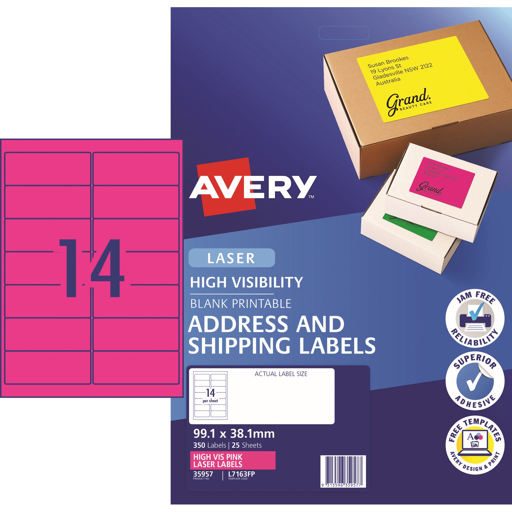Avery High Visibility Shipping Laser Labels Pink L7163FP 99.1x38.1mm 14UP 350 Labels